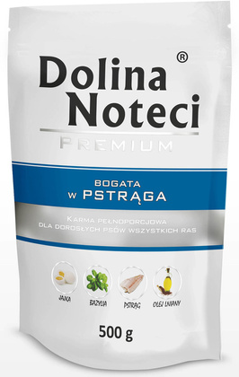 Mokra karma dla psa Dolina Noteci Premium bogata w pstrąga saszetka 500 g