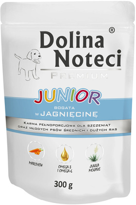 Mokra karma dla psa junior Dolina Noteci Premium bogata w jagnięcinę saszetka 300 g